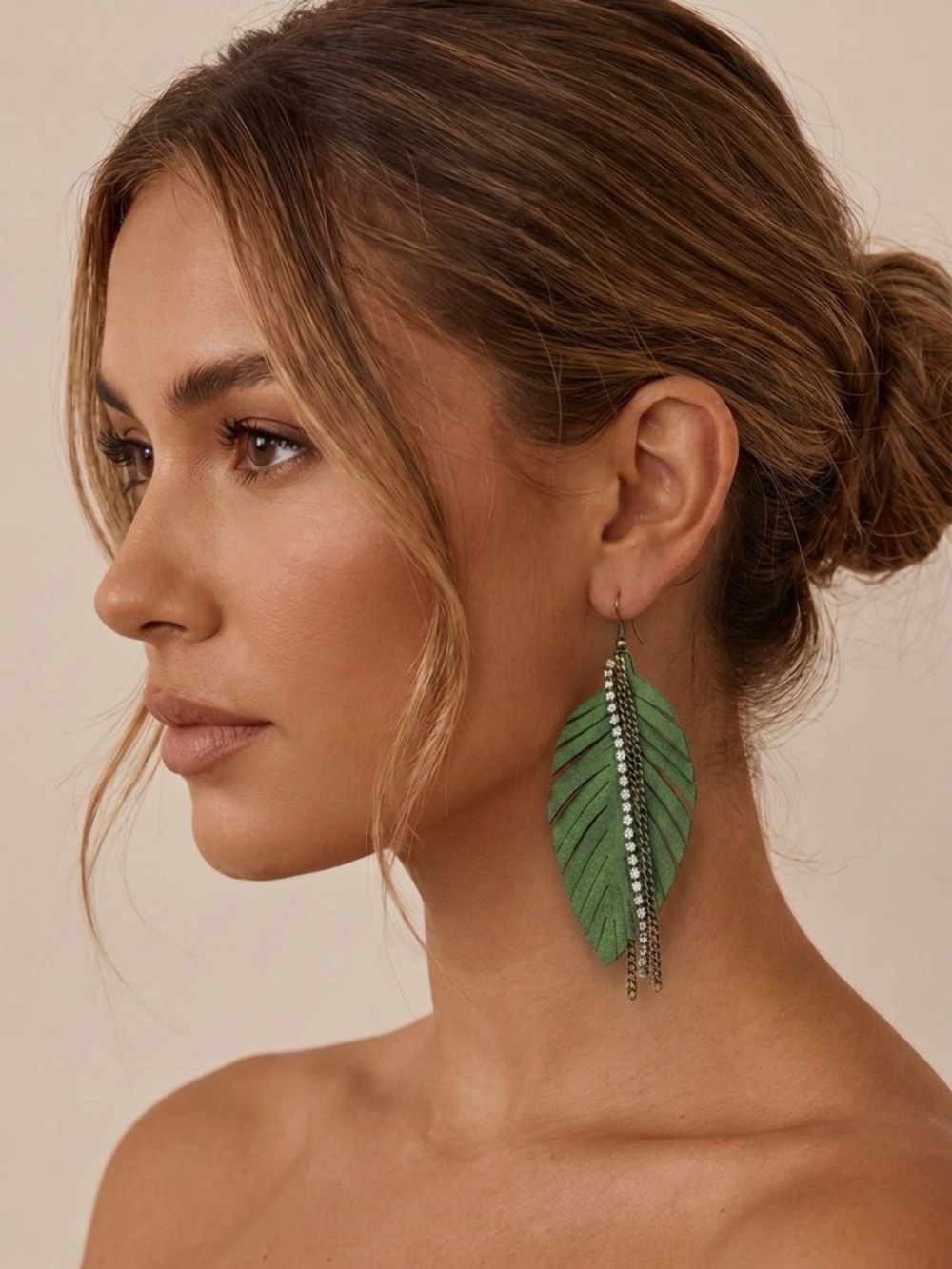 Earrings Olive Green Leaf Statement Feather Gold Tone Chain Bohemian Boho Chic